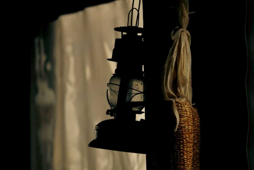 Silhouette of an old lantern and corn against a soft backdrop.