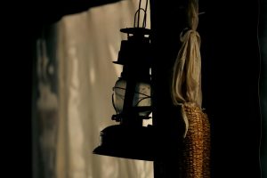 Silhouette of an old lantern and corn against a soft backdrop.